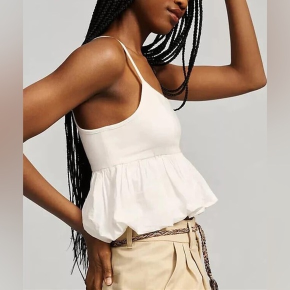 American Eagle Bubble Hem Cream Silky Tank Top - Picture 2 of 5